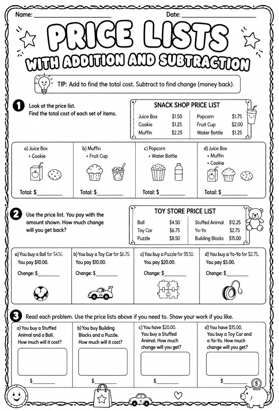 Price lists with addition and subtraction — free printable Grade 4 math worksheet