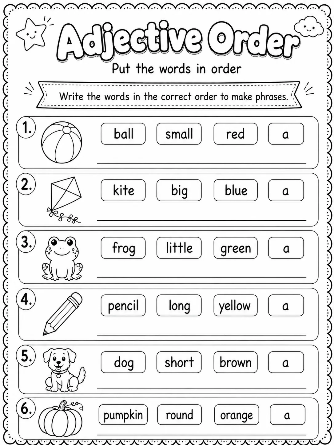 Adjective Order Worksheet Pack page 2 printable worksheet preview