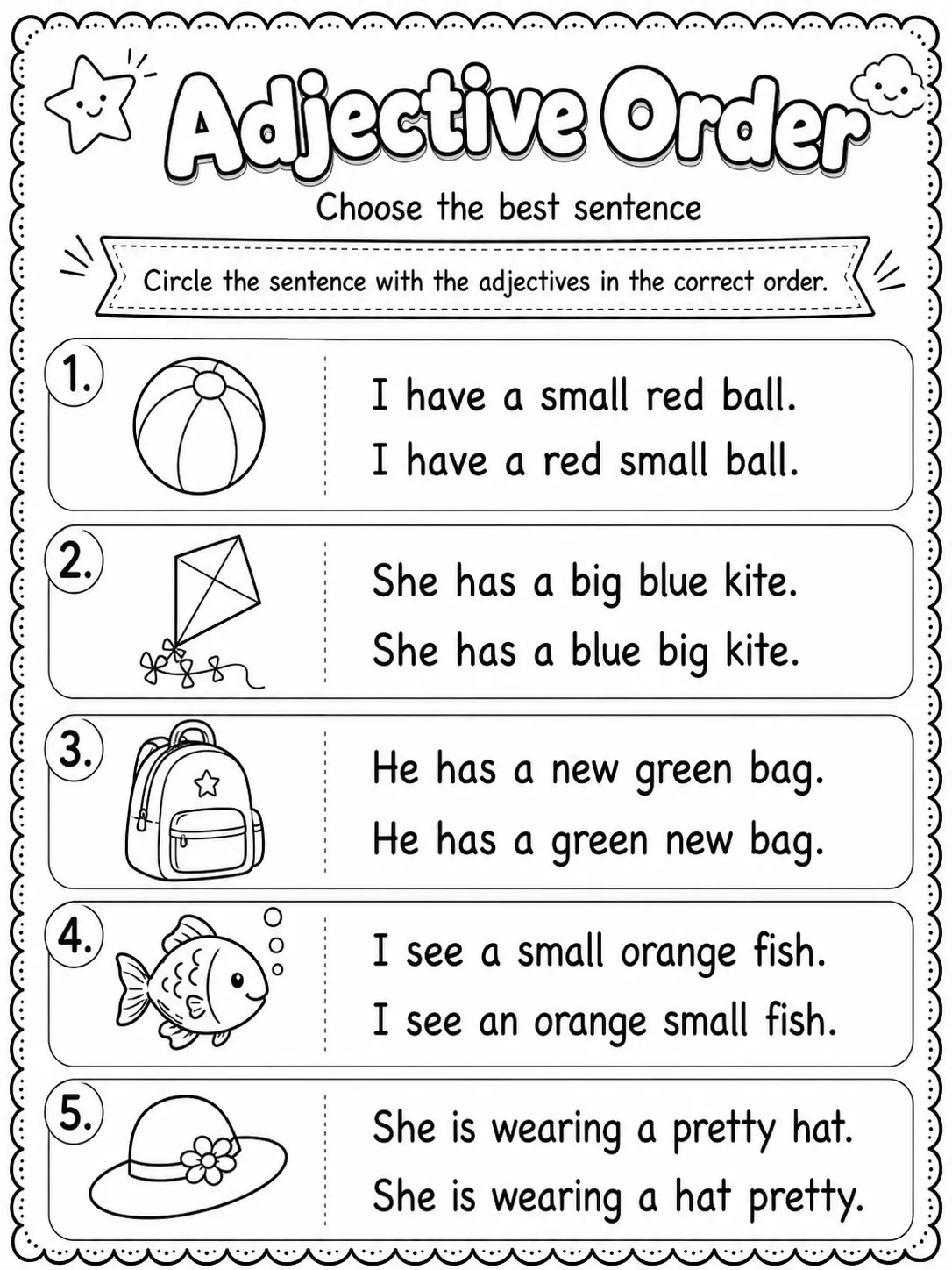 Adjective Order Worksheet Pack page 4 printable worksheet preview
