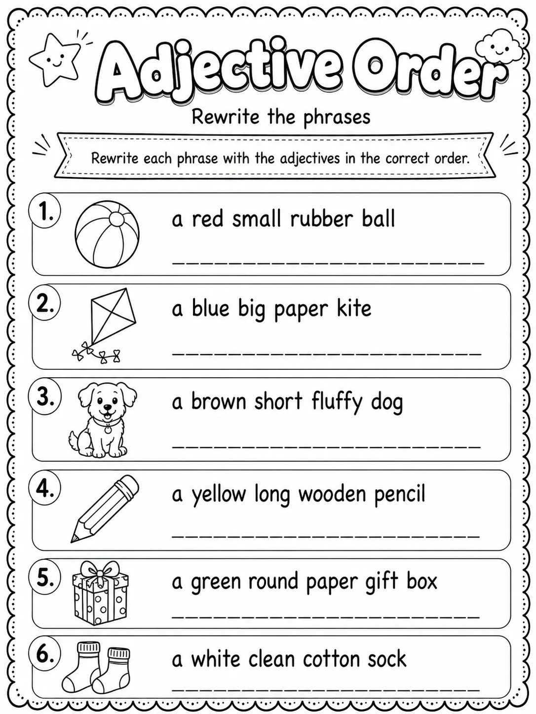 Adjective Order Worksheet Pack page 5 printable worksheet preview