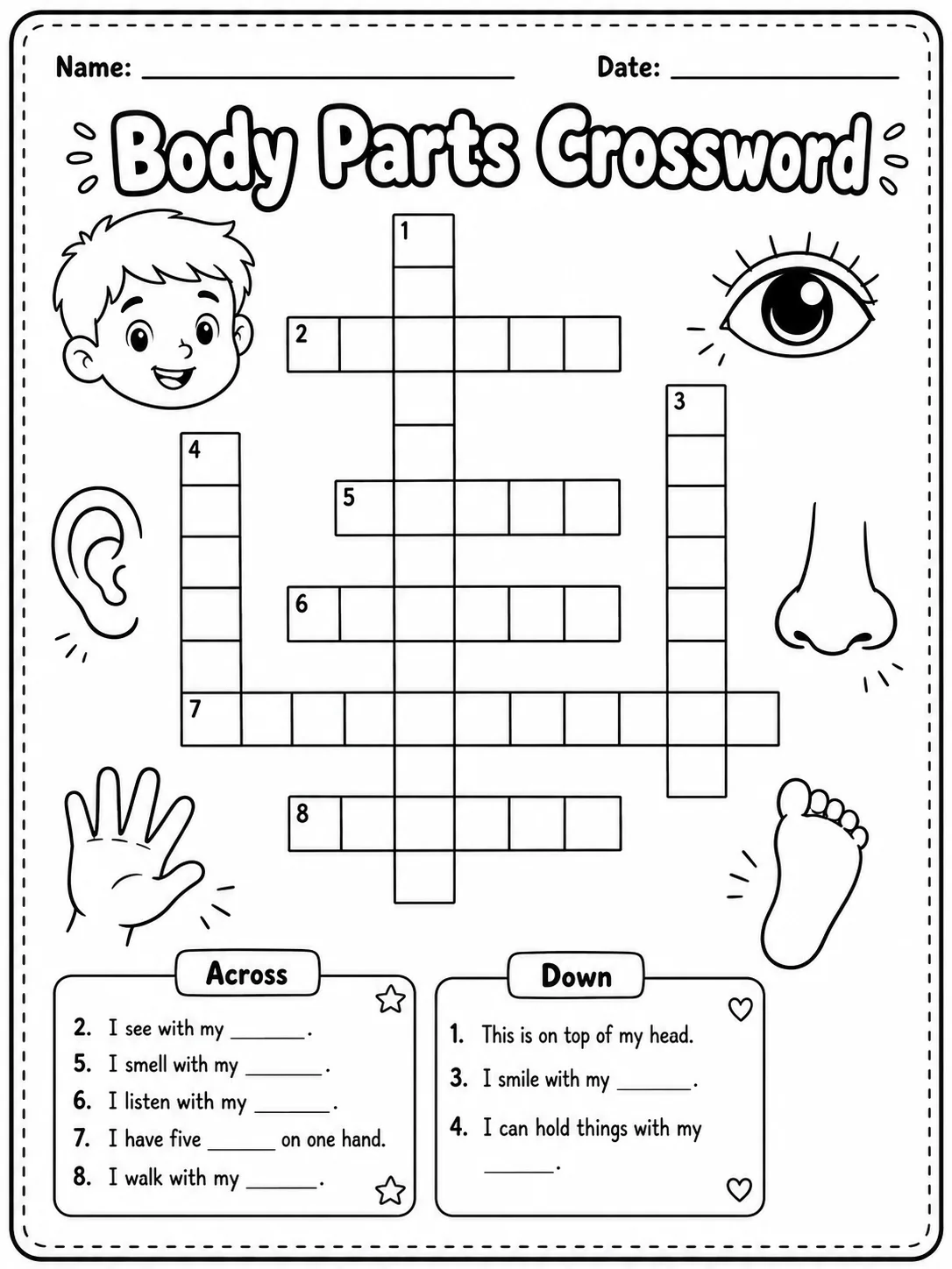 Body Parts Crossword Worksheet Pack 10 printable pages preview from KiwiBee