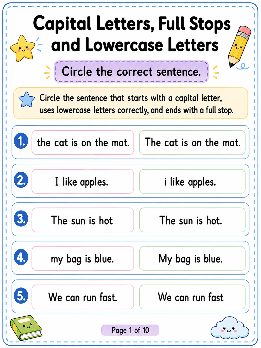 Capital Letters, Full Stops and Lowercase Letters Worksheet Pack 10 printable pages preview from KiwiBee
