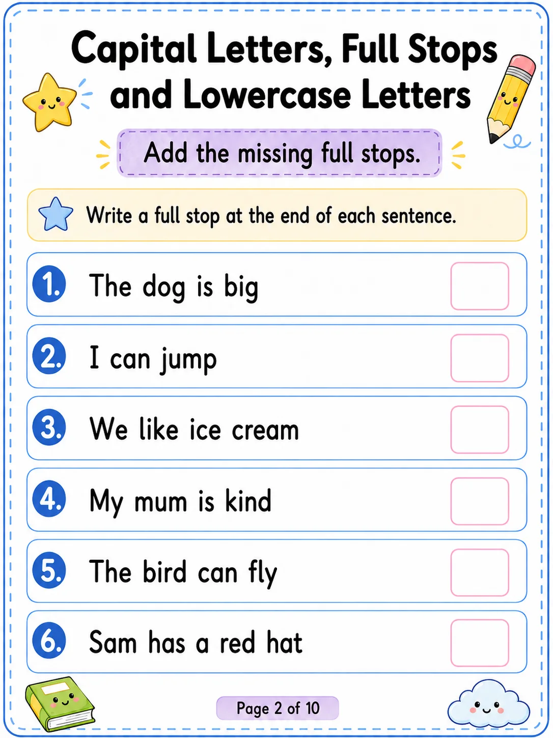 Capital Letters, Full Stops and Lowercase Letters Worksheet Pack page 2 printable worksheet preview