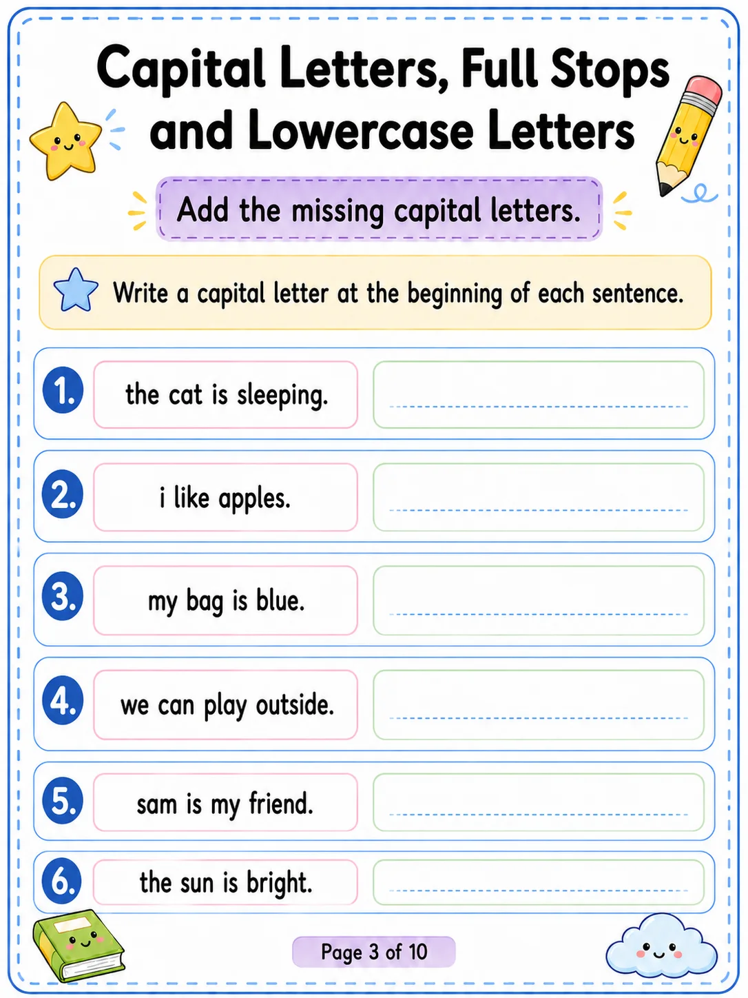 Capital Letters, Full Stops and Lowercase Letters Worksheet Pack page 3 printable worksheet preview