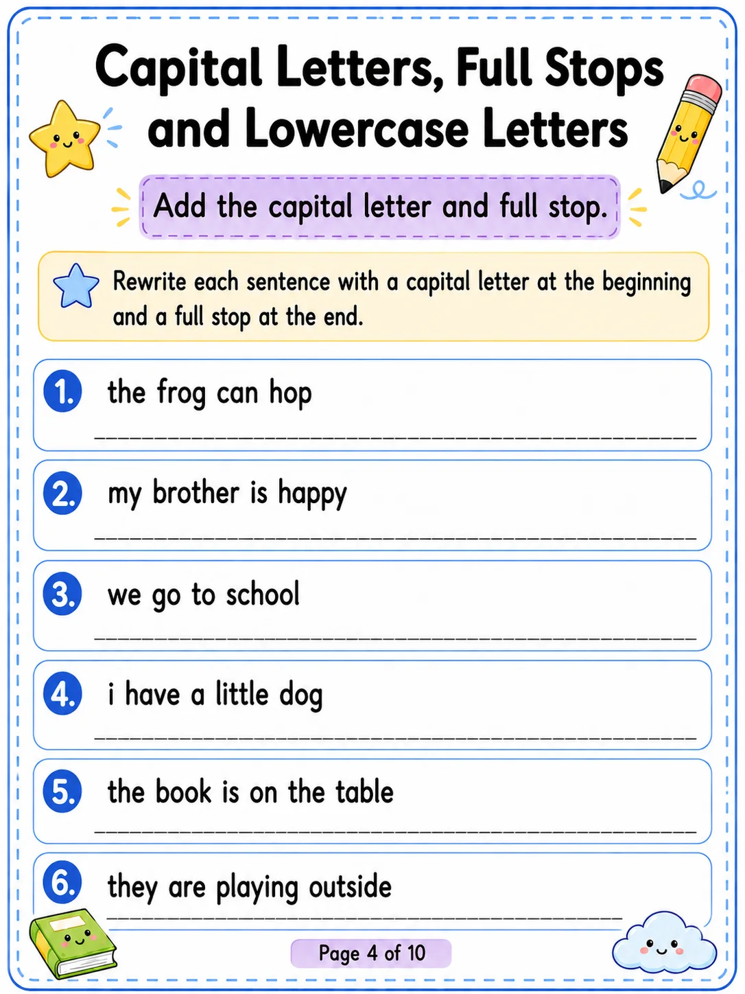 Capital Letters, Full Stops and Lowercase Letters Worksheet Pack page 4 printable worksheet preview
