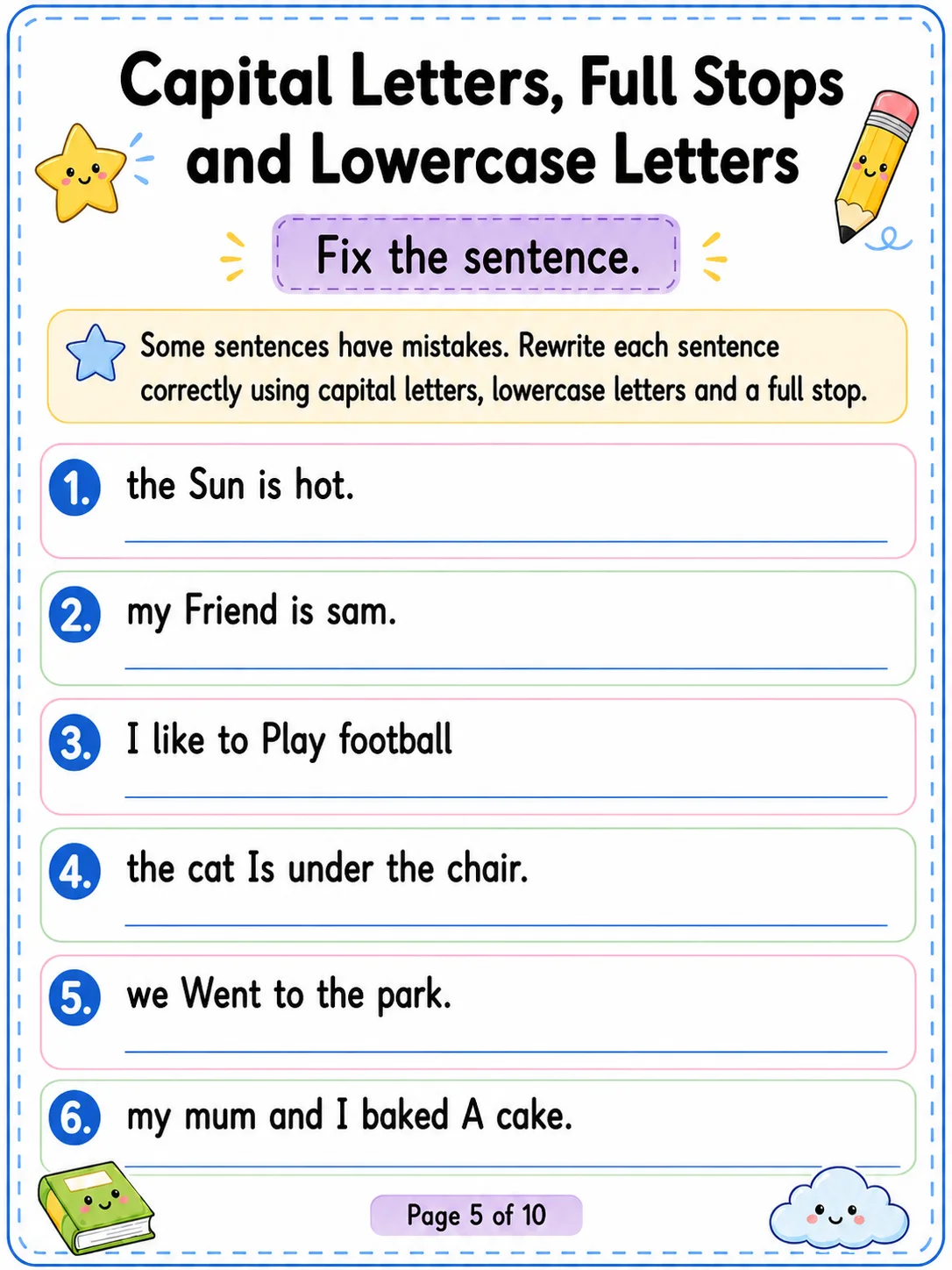 Capital Letters, Full Stops and Lowercase Letters Worksheet Pack page 5 printable worksheet preview