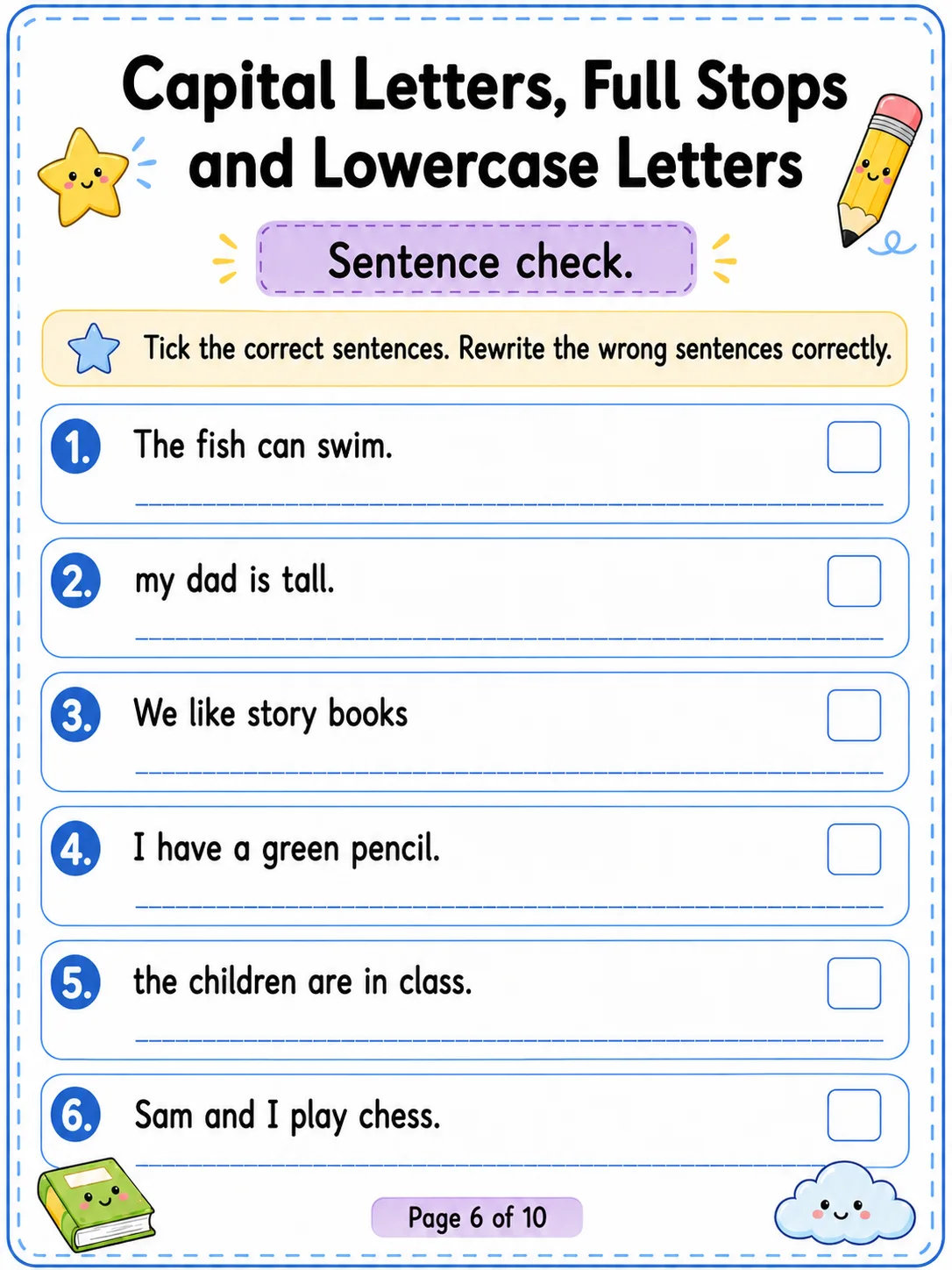 Capital Letters, Full Stops and Lowercase Letters Worksheet Pack page 6 printable worksheet preview