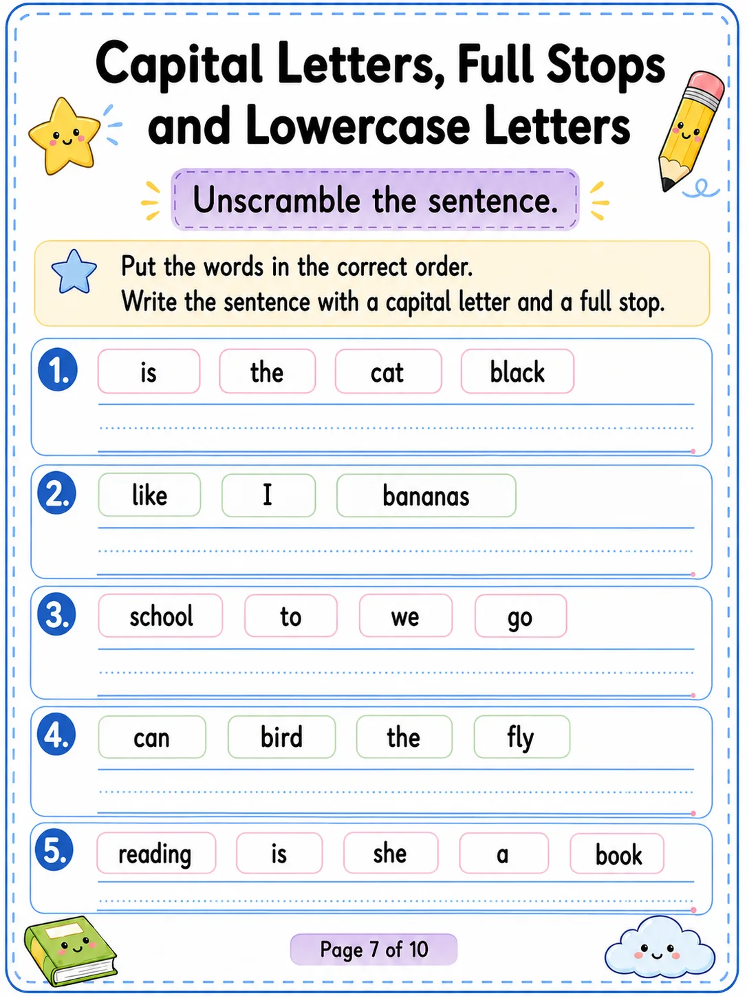 Capital Letters, Full Stops and Lowercase Letters Worksheet Pack page 7 printable worksheet preview