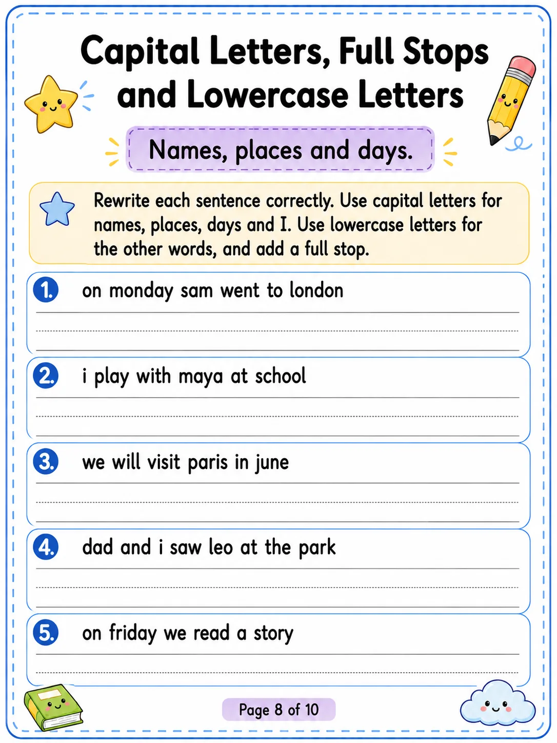 Capital Letters, Full Stops and Lowercase Letters Worksheet Pack page 8 printable worksheet preview