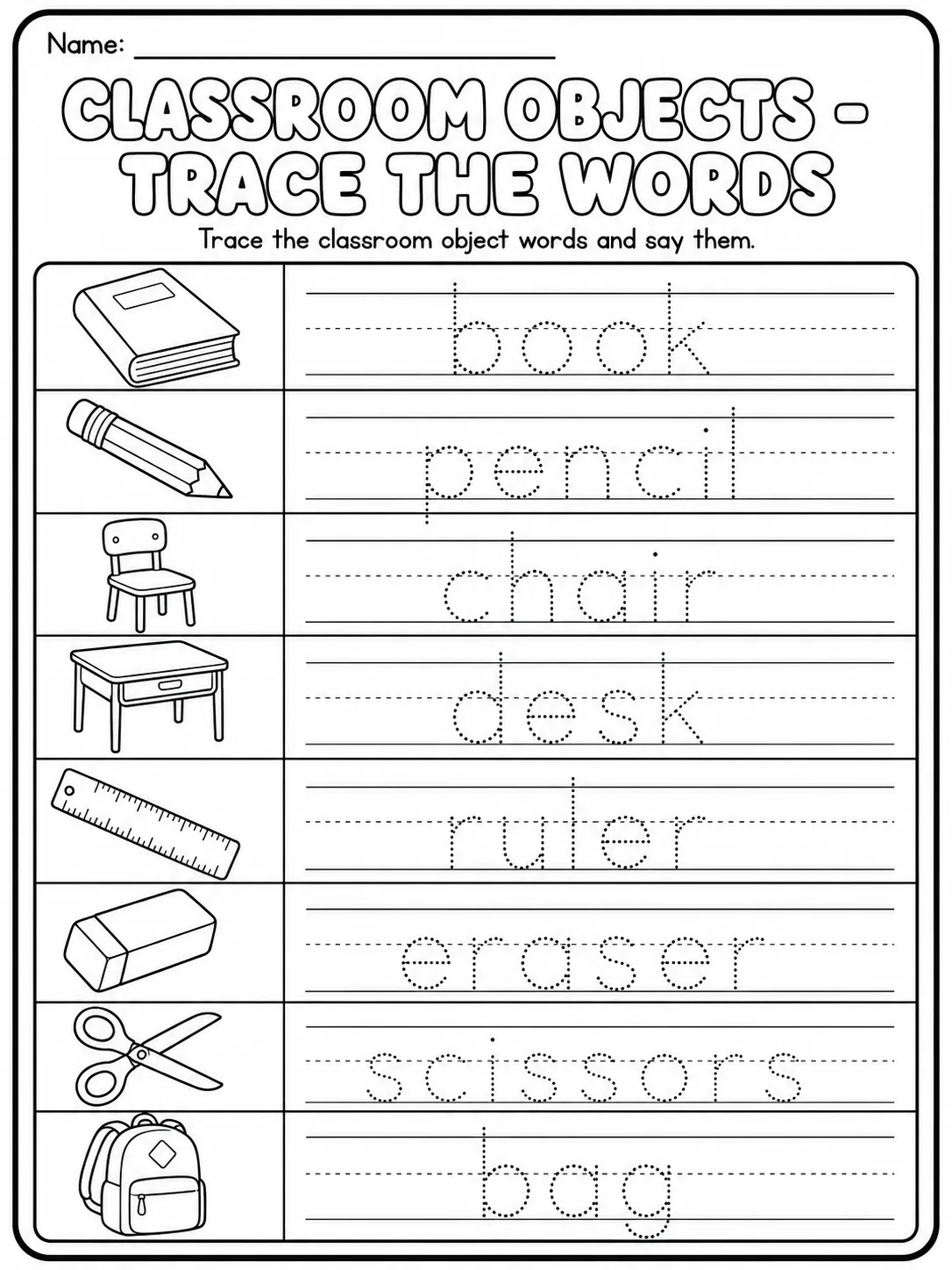Classroom Objects - Trace the Words Worksheet Pack 10 printable pages preview from KiwiBee