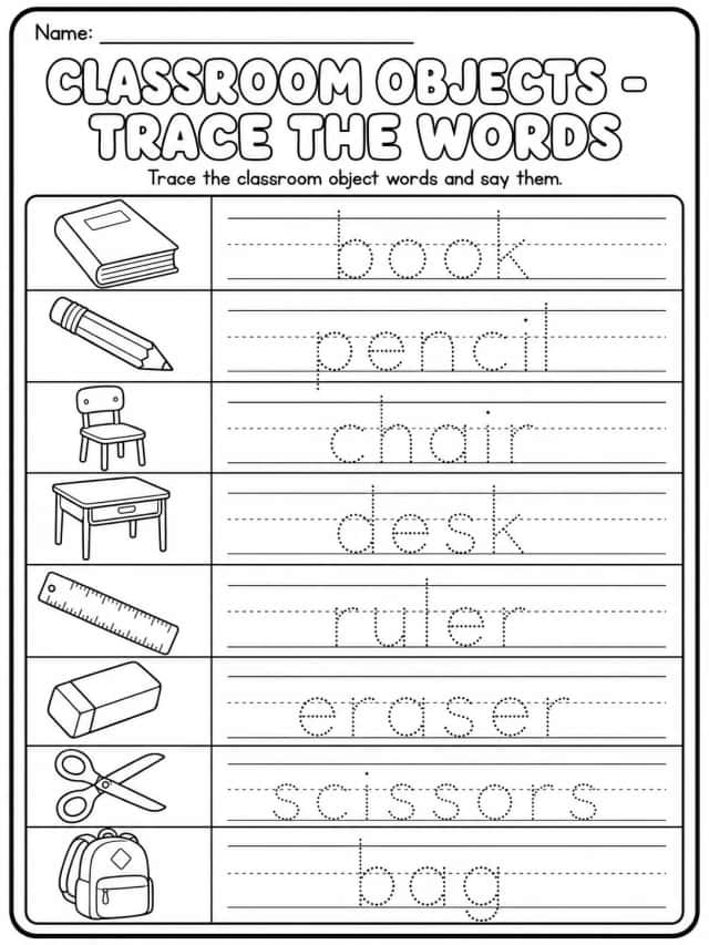Classroom Objects - Trace the Words Worksheet Pack