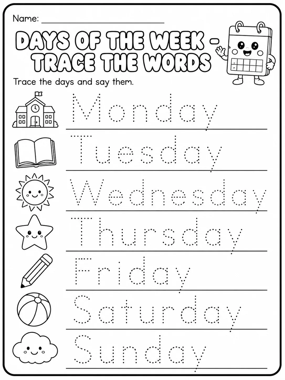 Days of the Week - Trace the Words Worksheet Pack 10 printable pages preview from KiwiBee
