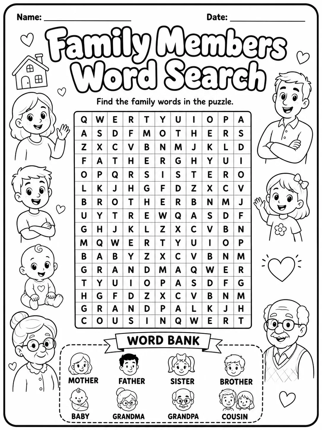Family Members Word Search Worksheet Pack 10 printable pages preview from KiwiBee