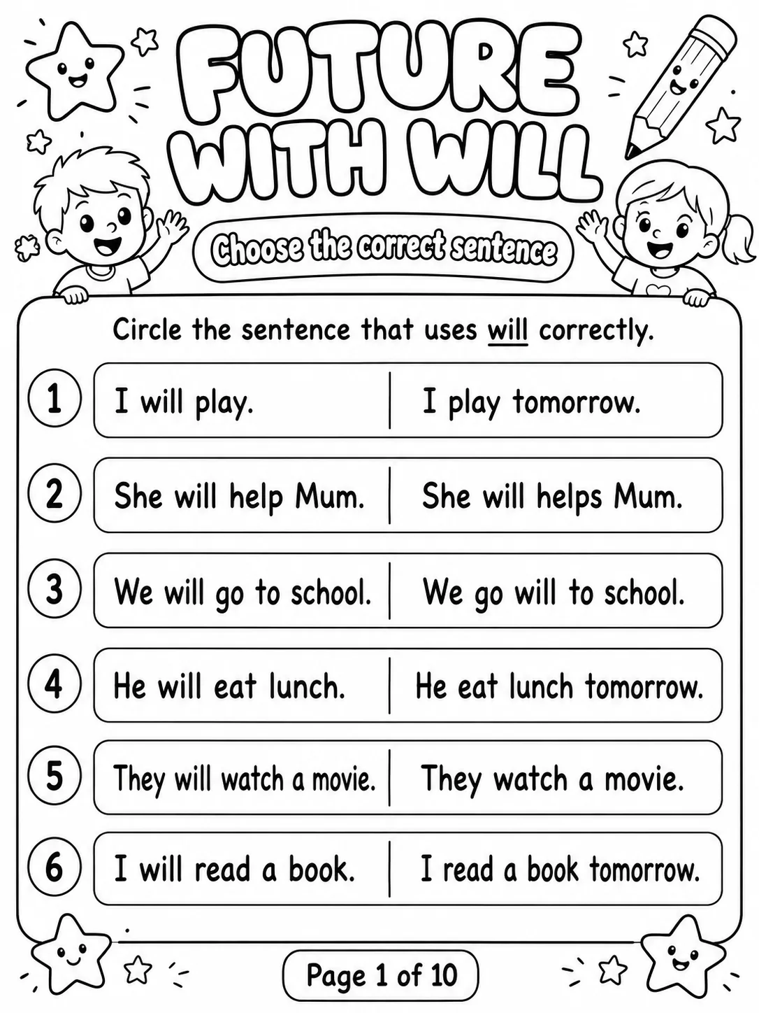 Future with Will Worksheet Pack 10 printable pages preview from KiwiBee
