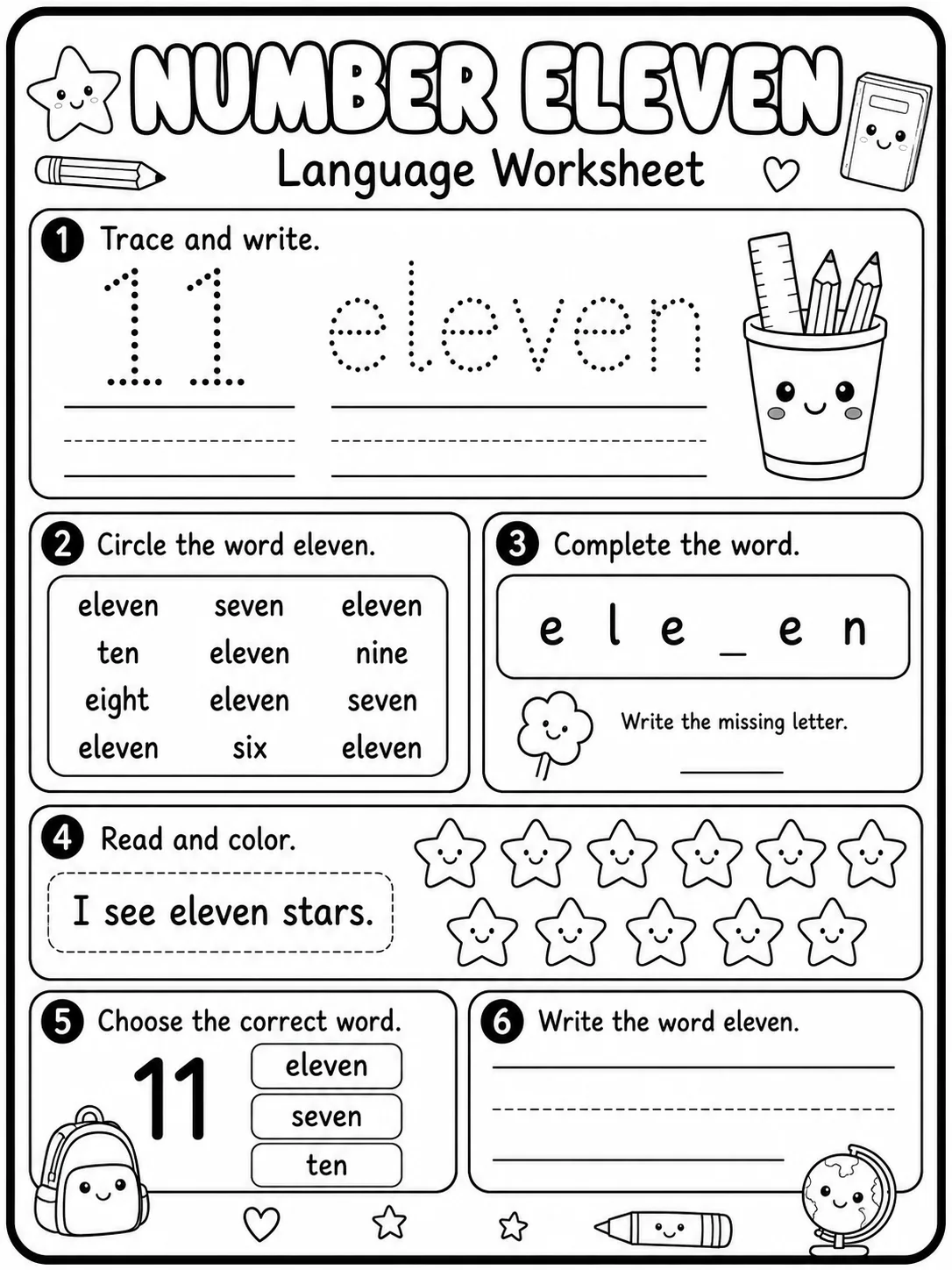 Number Eleven Worksheet Pack 10 printable pages preview from KiwiBee