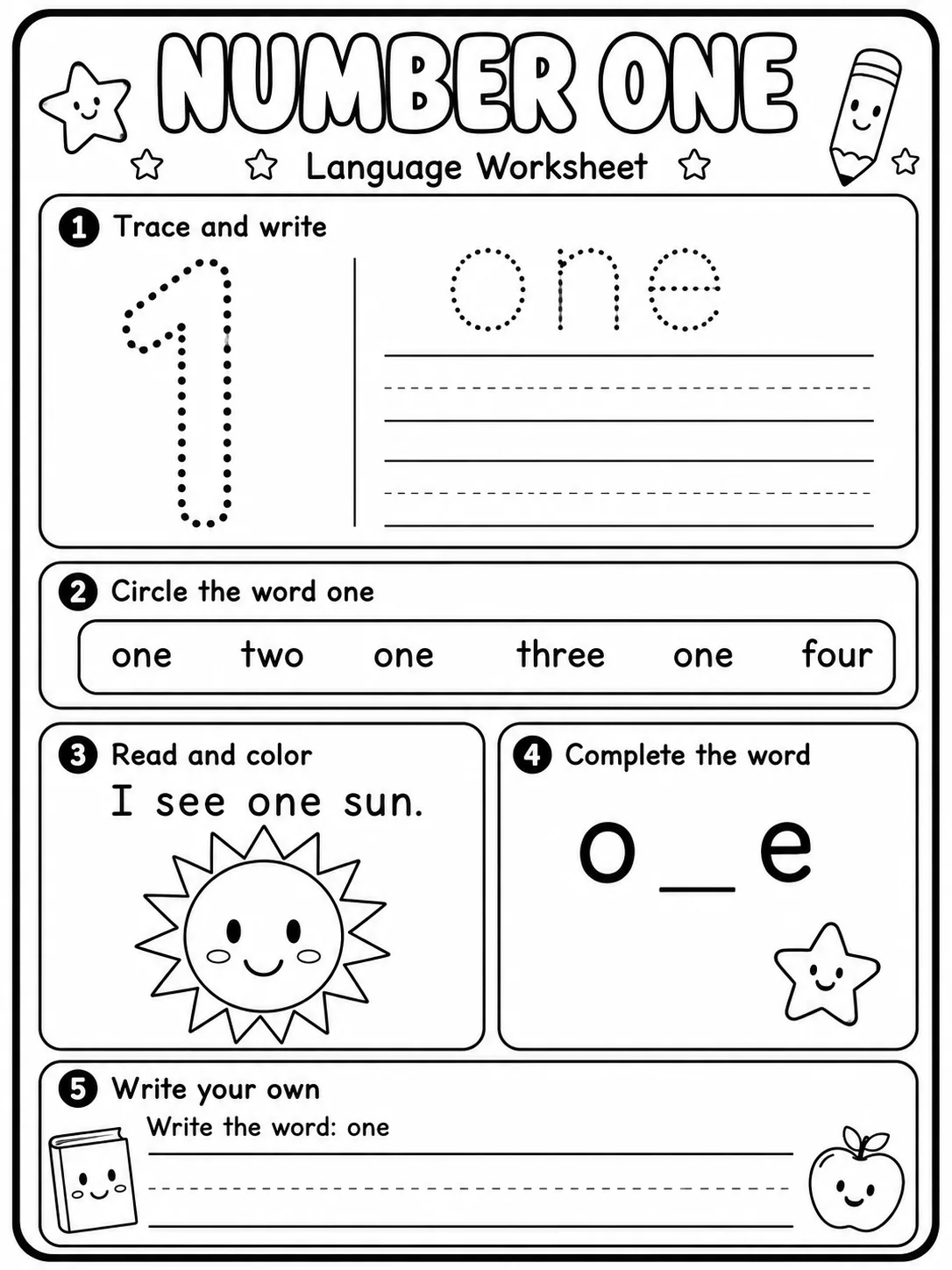 Number One Worksheet Pack 10 printable pages preview from KiwiBee