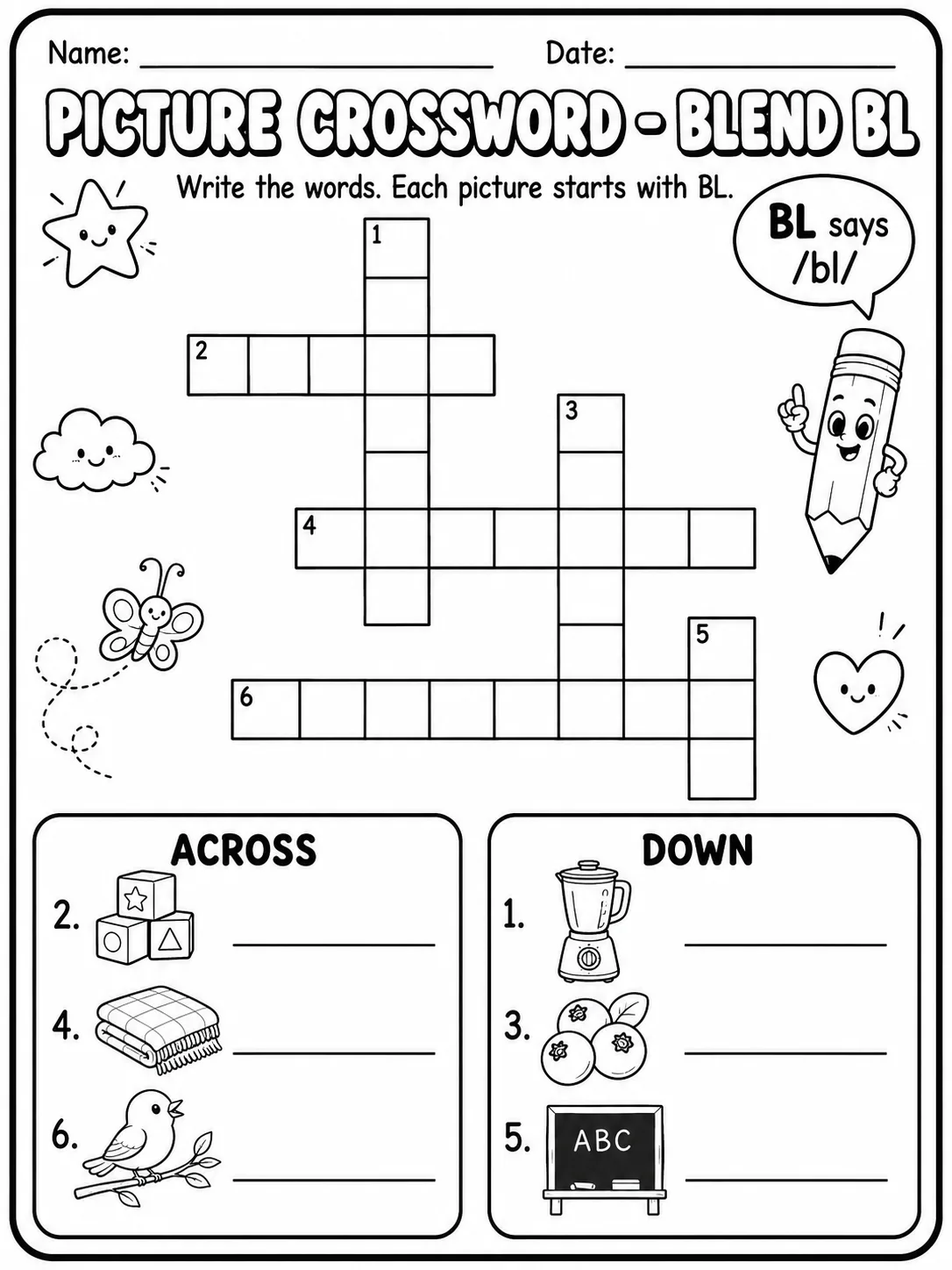 Picture Crossword - Blend BL Worksheet Pack 10 printable pages preview from KiwiBee