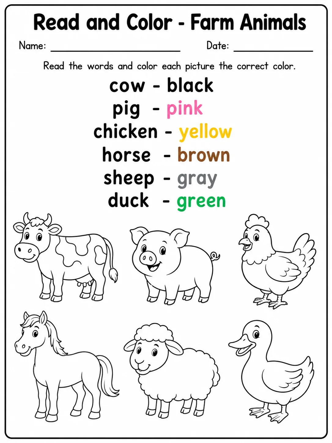 Read and Color - Farm Animals Worksheet Pack page 2 printable worksheet preview