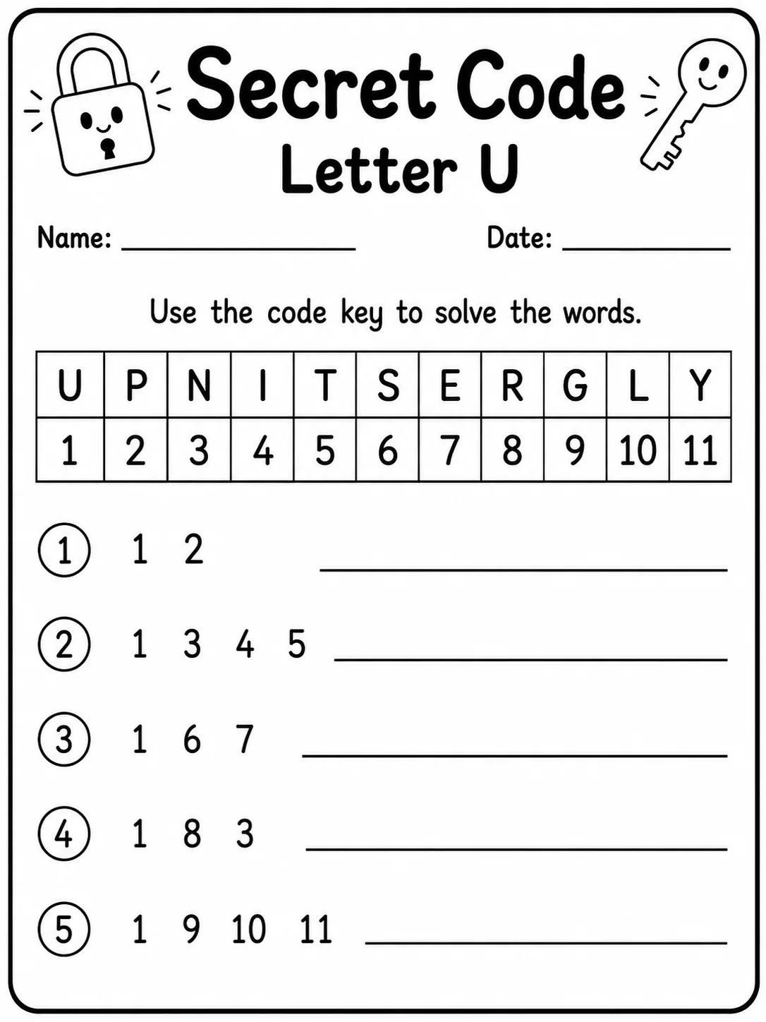 Secret Code Letter U Worksheet Pack 10 printable pages preview from KiwiBee