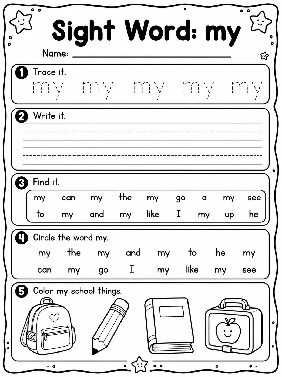 Sight Word: my Worksheet Pack 10 printable pages preview from KiwiBee