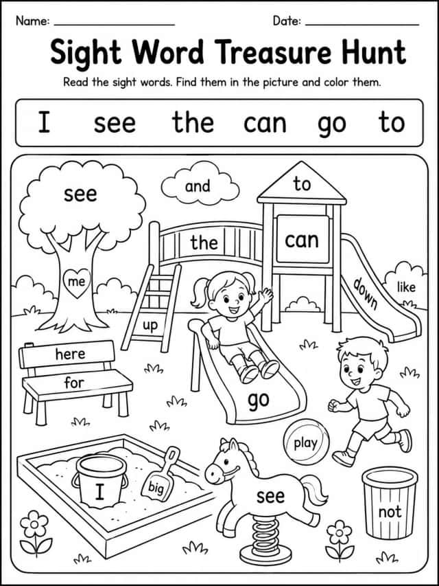 Sight Word Treasure Hunt Worksheet Pack