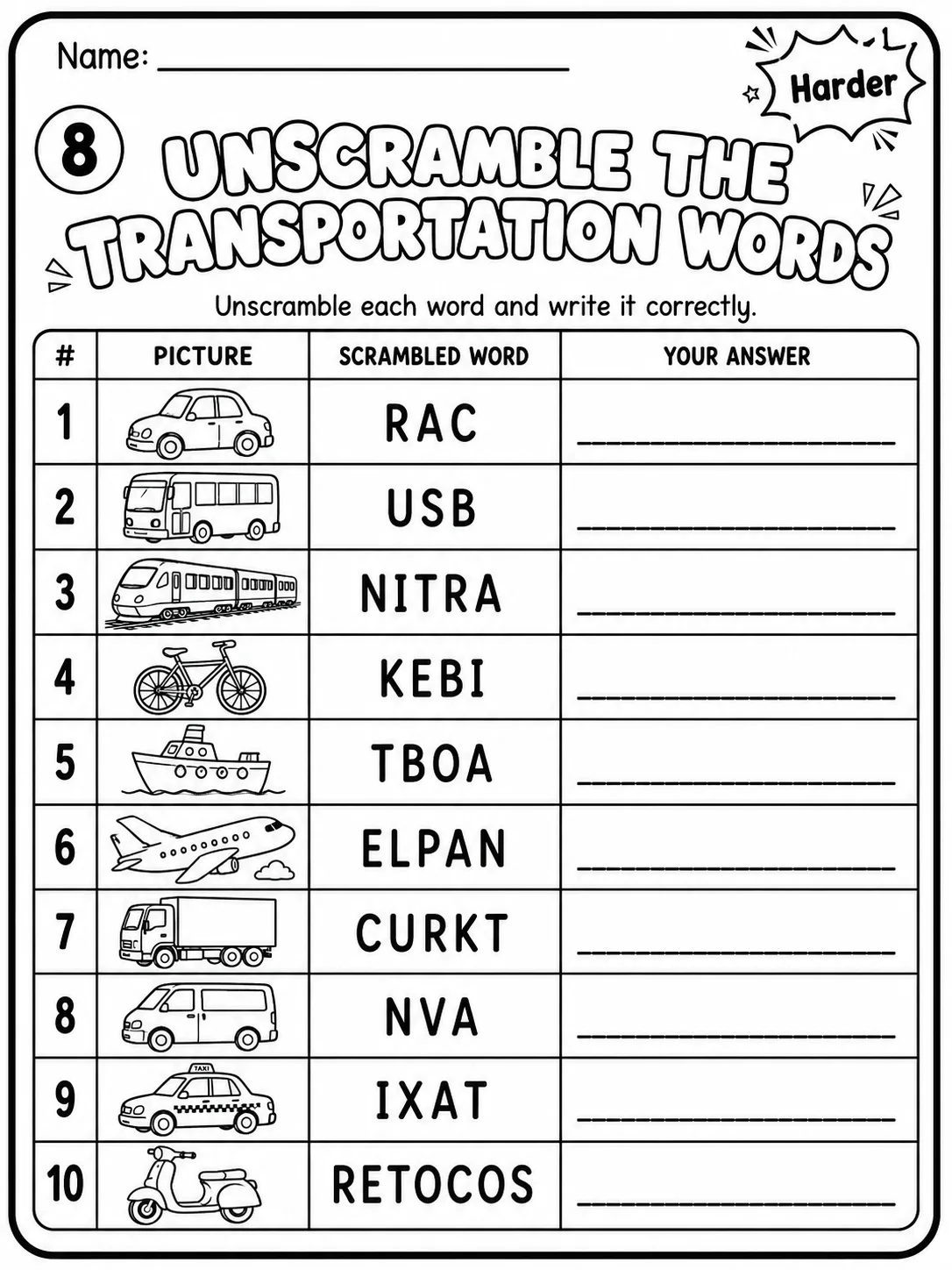 Transportation Worksheet Pack page 8 printable worksheet preview