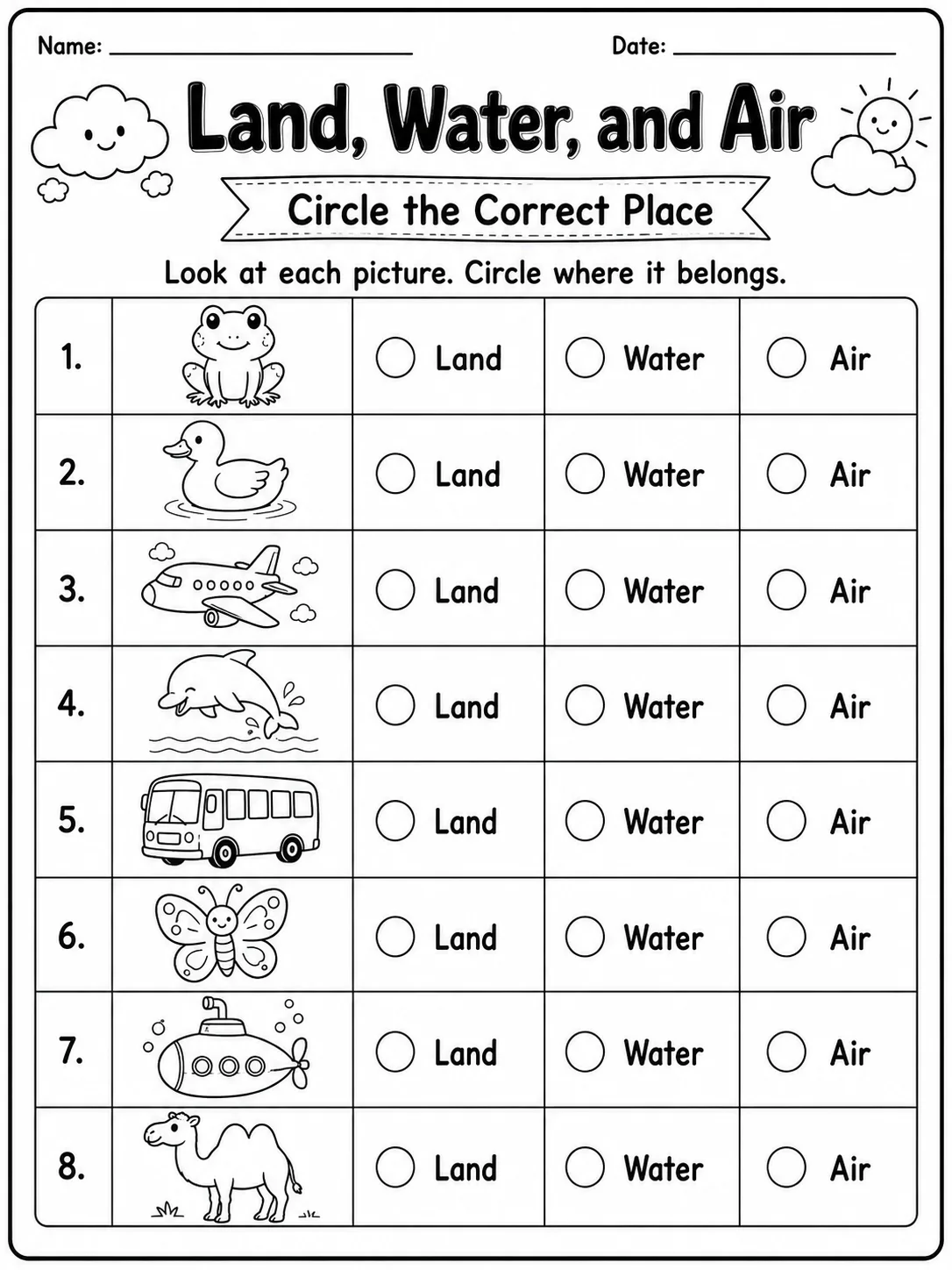 Land, Water, and Air Worksheet Pack page 2 printable worksheet preview