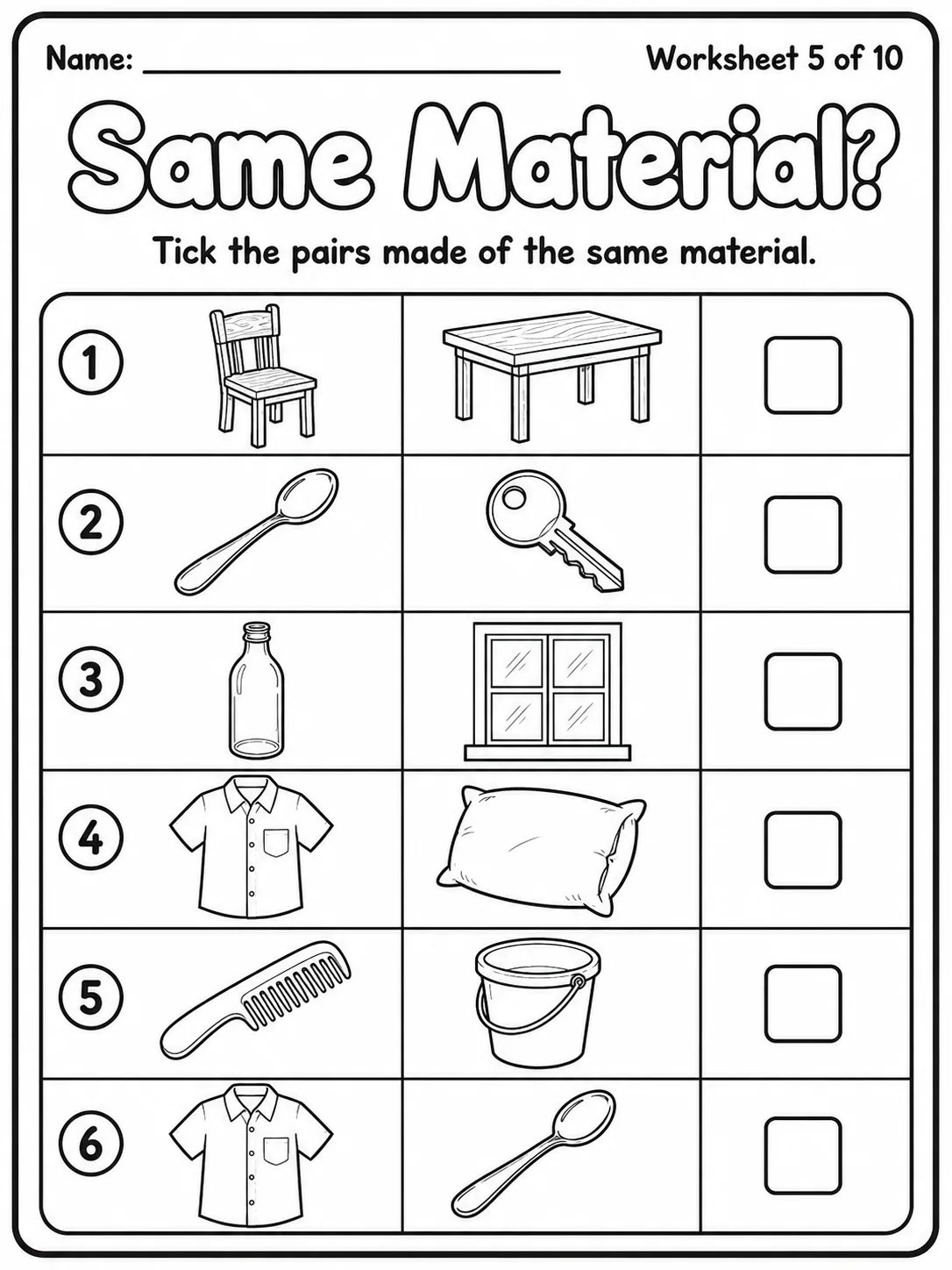 Materials Match Worksheet Pack page 5 printable worksheet preview
