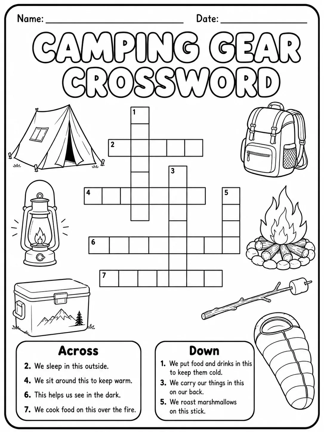 Camping Gear Crossword Worksheet printable preview from KiwiBee