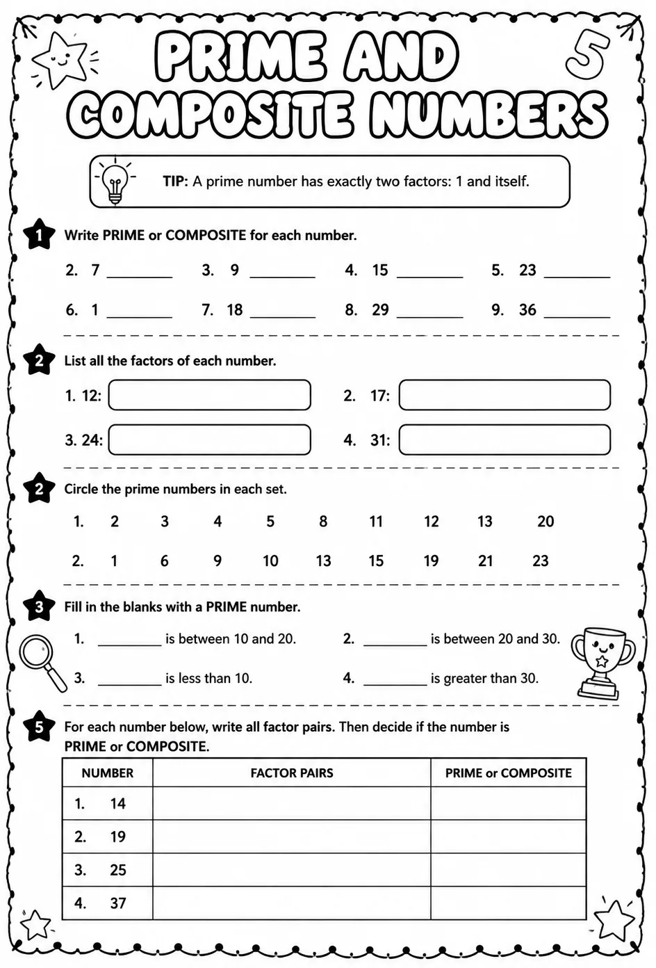 Prime and composite numbers — free printable Grade 5 math worksheet