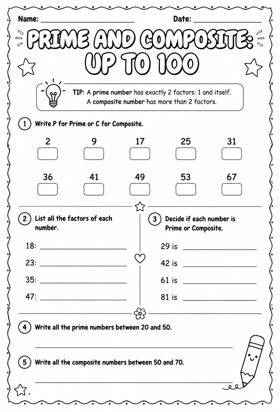 Prime and composite: up to 100 — free printable Grade 4 math worksheet
