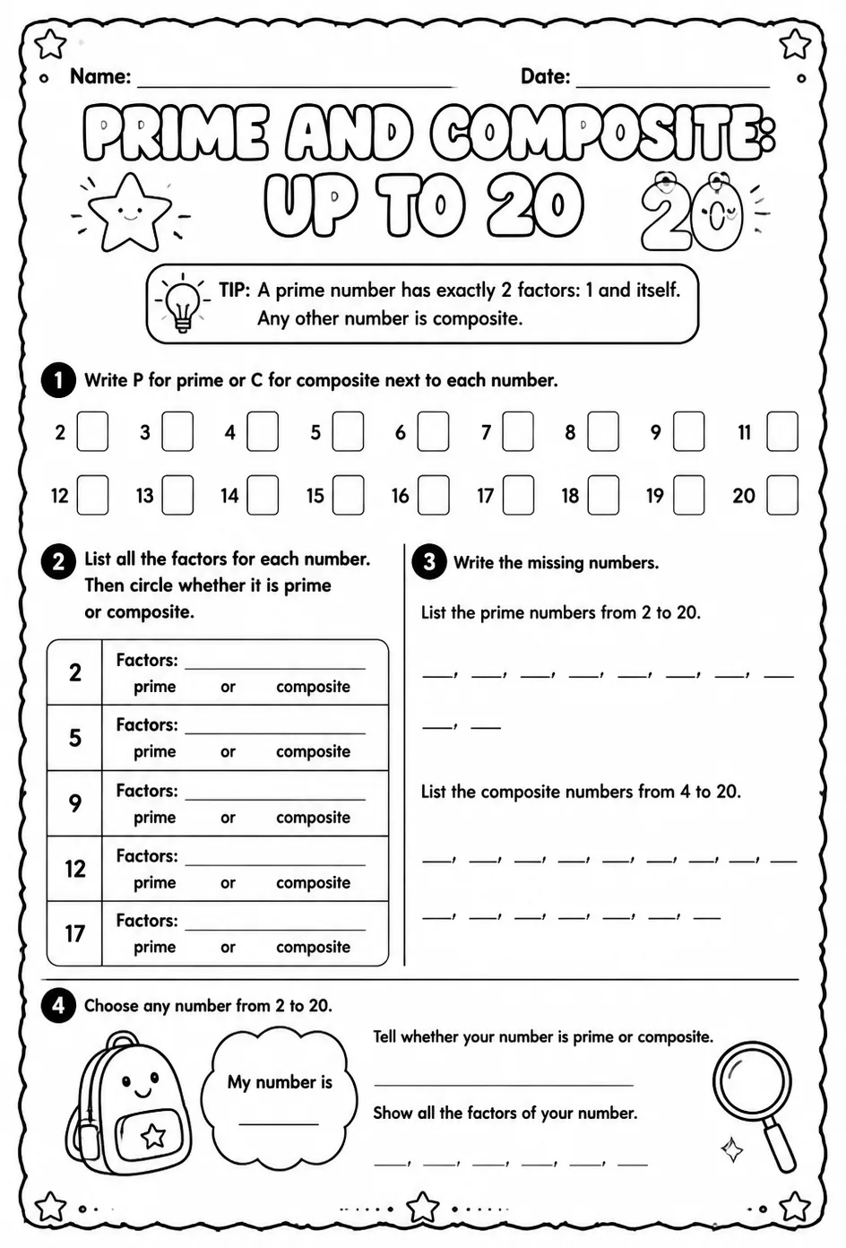 Prime and composite: up to 20 — free printable Grade 4 math worksheet