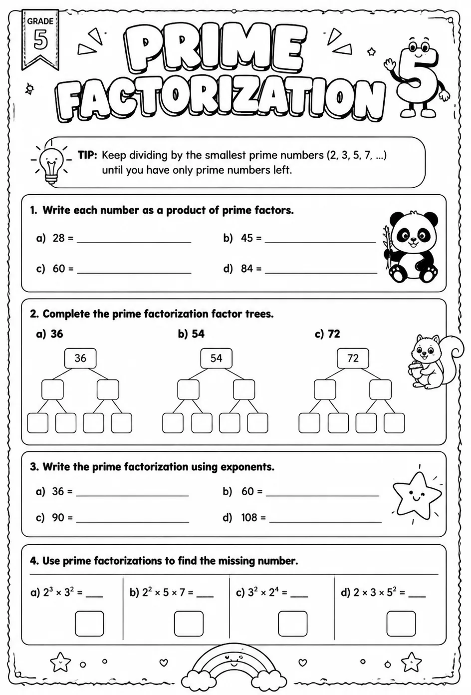 Prime factorization — free printable Grade 5 math worksheet