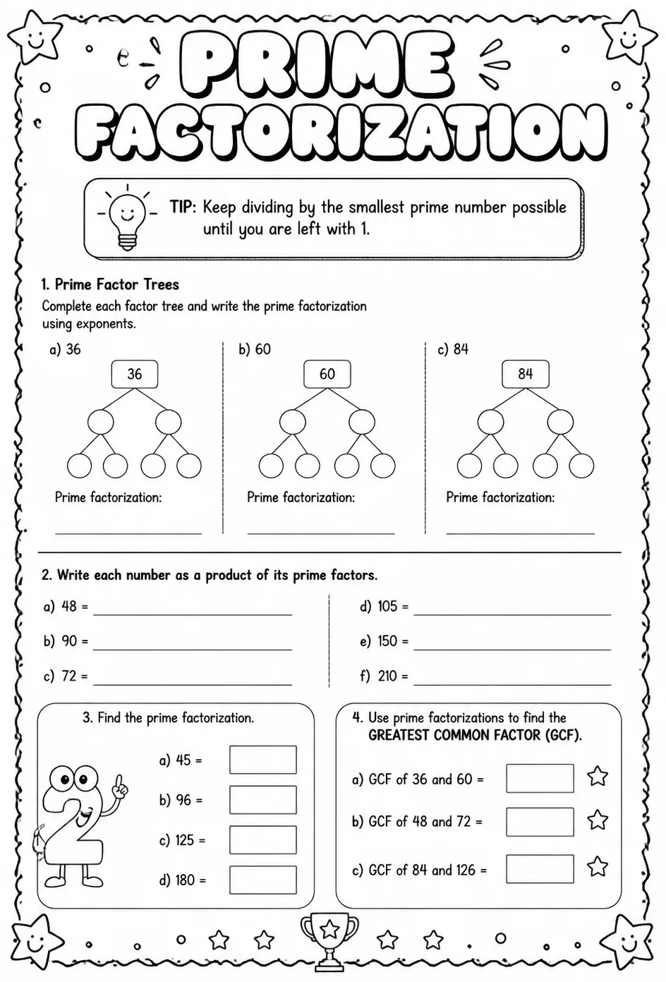 Prime factorization — free printable Grade 6 math worksheet