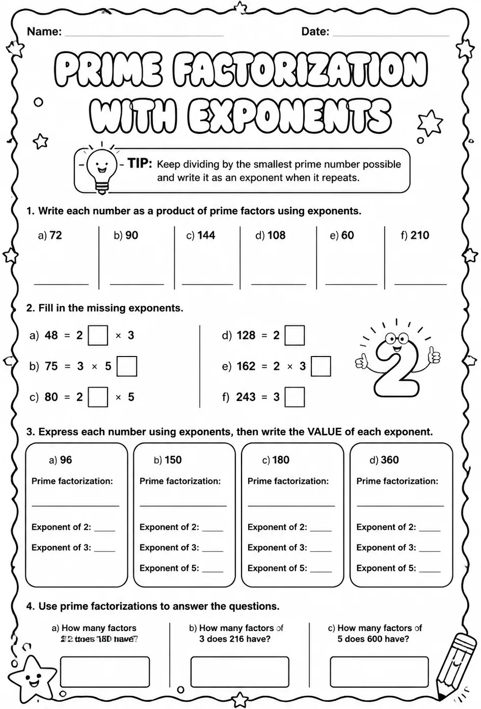 Prime factorization with exponents — free printable Grade 6 math worksheet