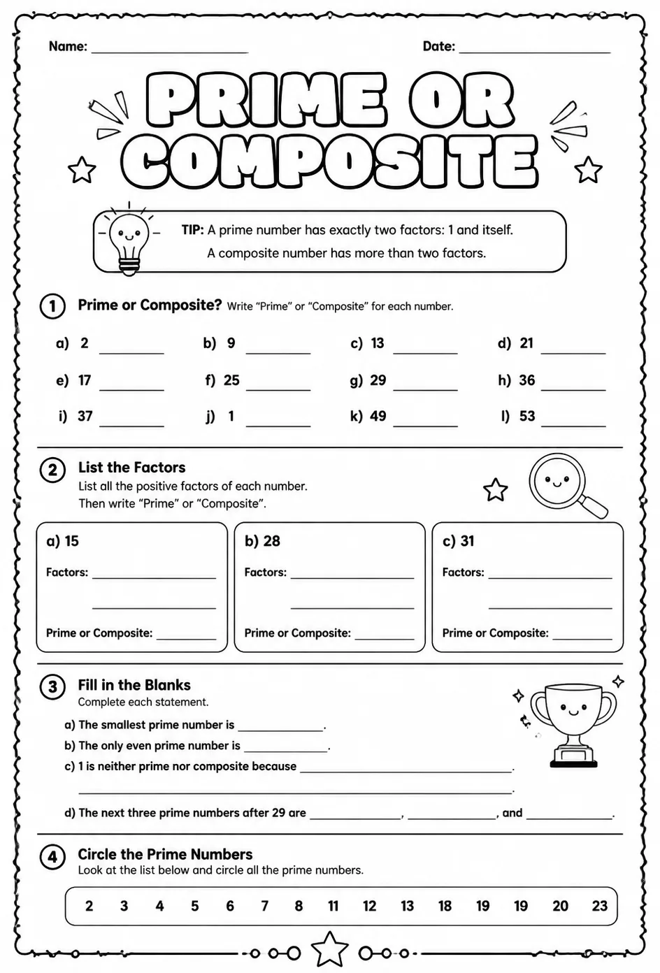 Prime or composite — free printable Grade 6 math worksheet