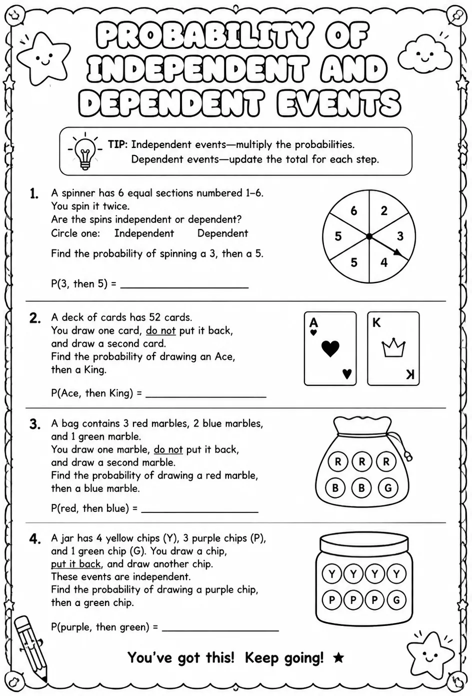 Probability of independent and dependent events — free printable Algebra 1 math worksheet