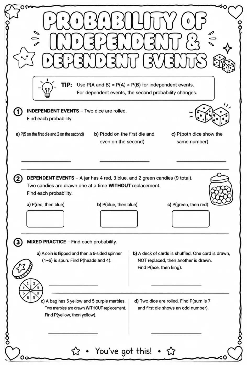Probability of independent and dependent events — free printable Algebra 2 math worksheet