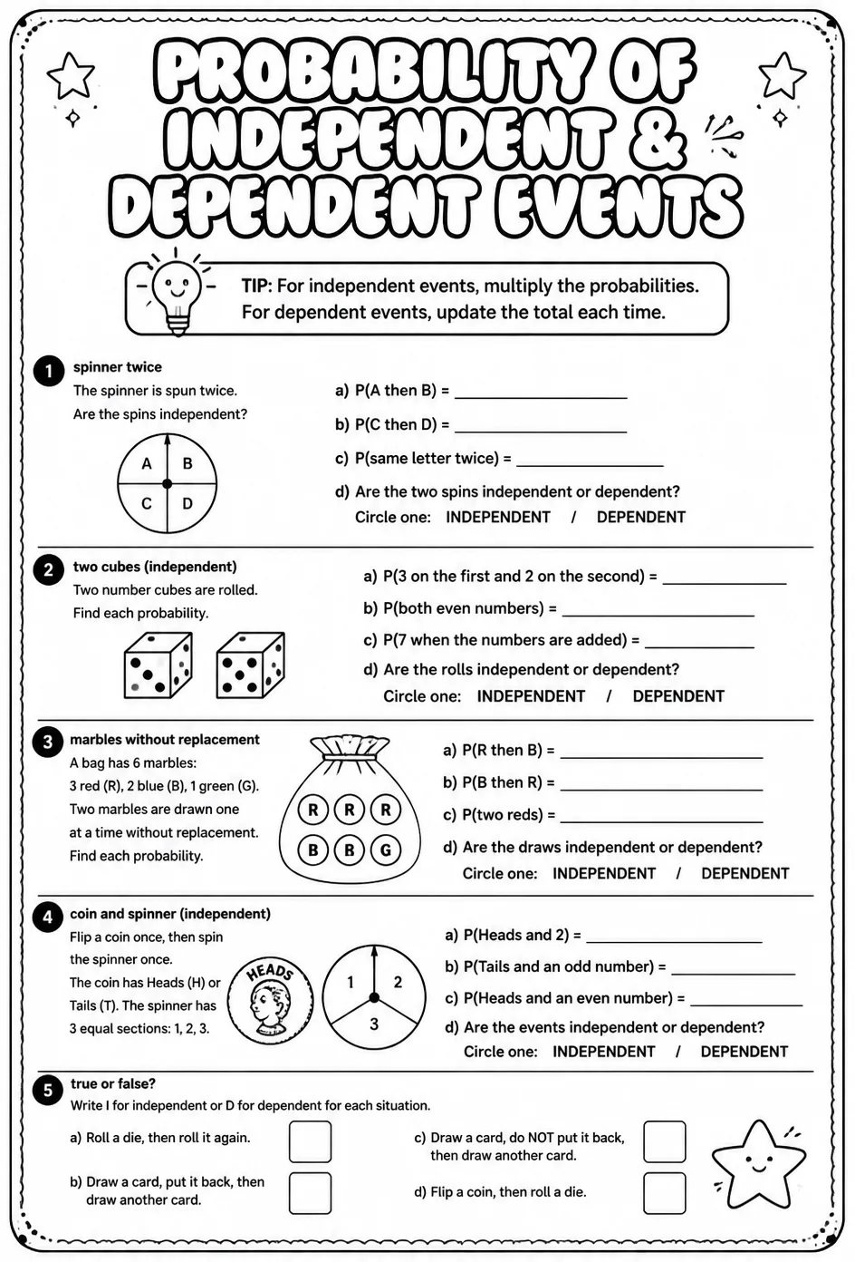 Probability of independent and dependent events — free printable Geometry math worksheet