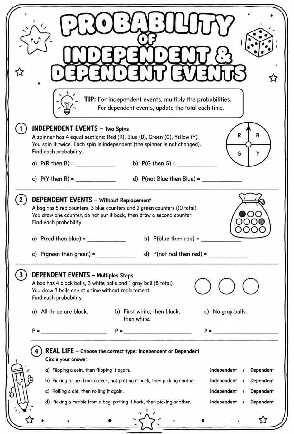 Probability of independent and dependent events — free printable Grade 7 math worksheet
