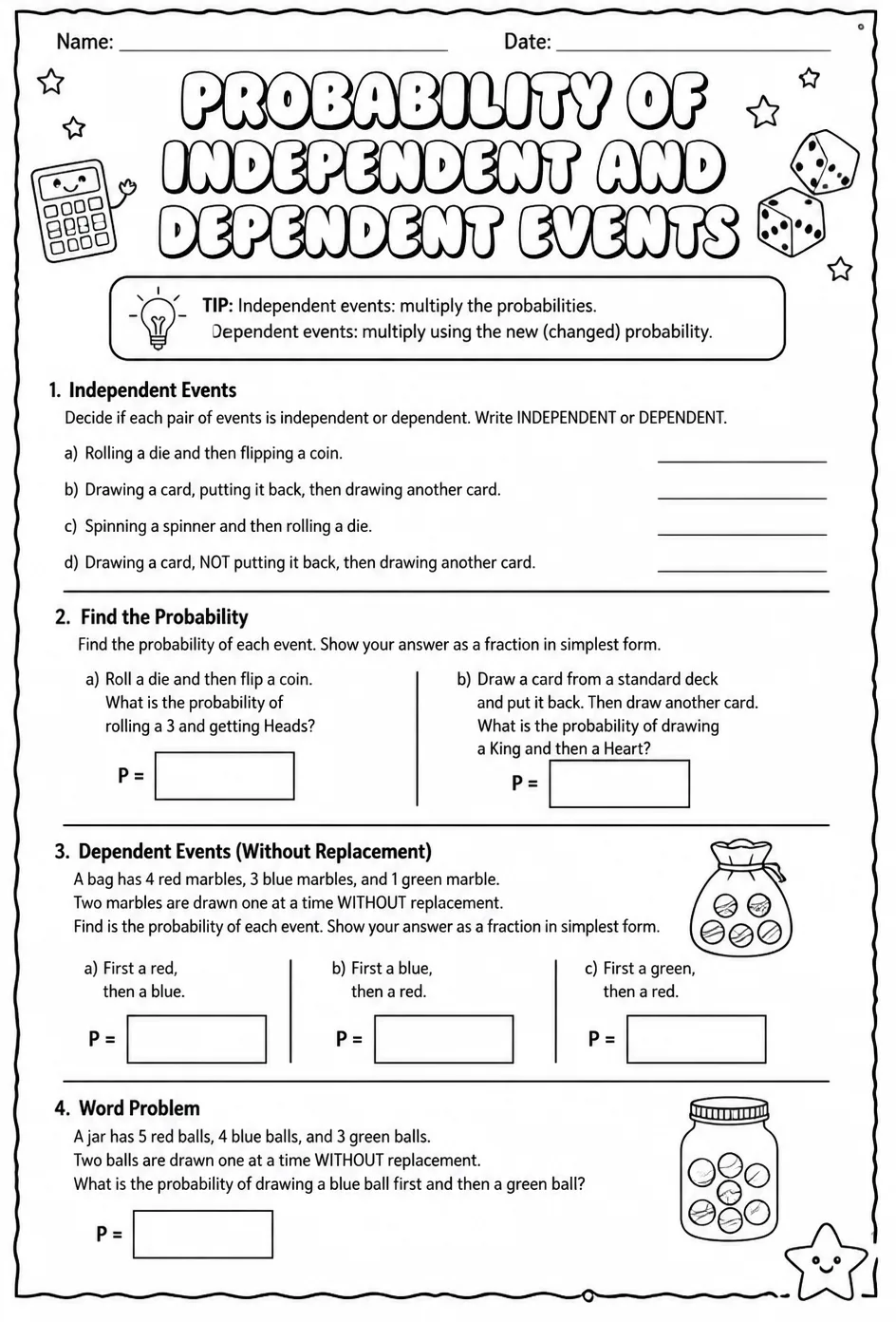Probability of independent and dependent events — free printable Grade 8 math worksheet