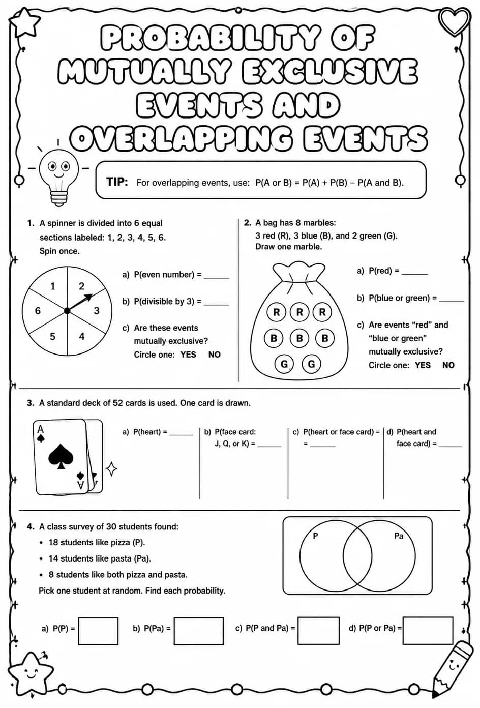 Probability of mutually exclusive events and overlapping events — free printable Grade 7 math worksheet
