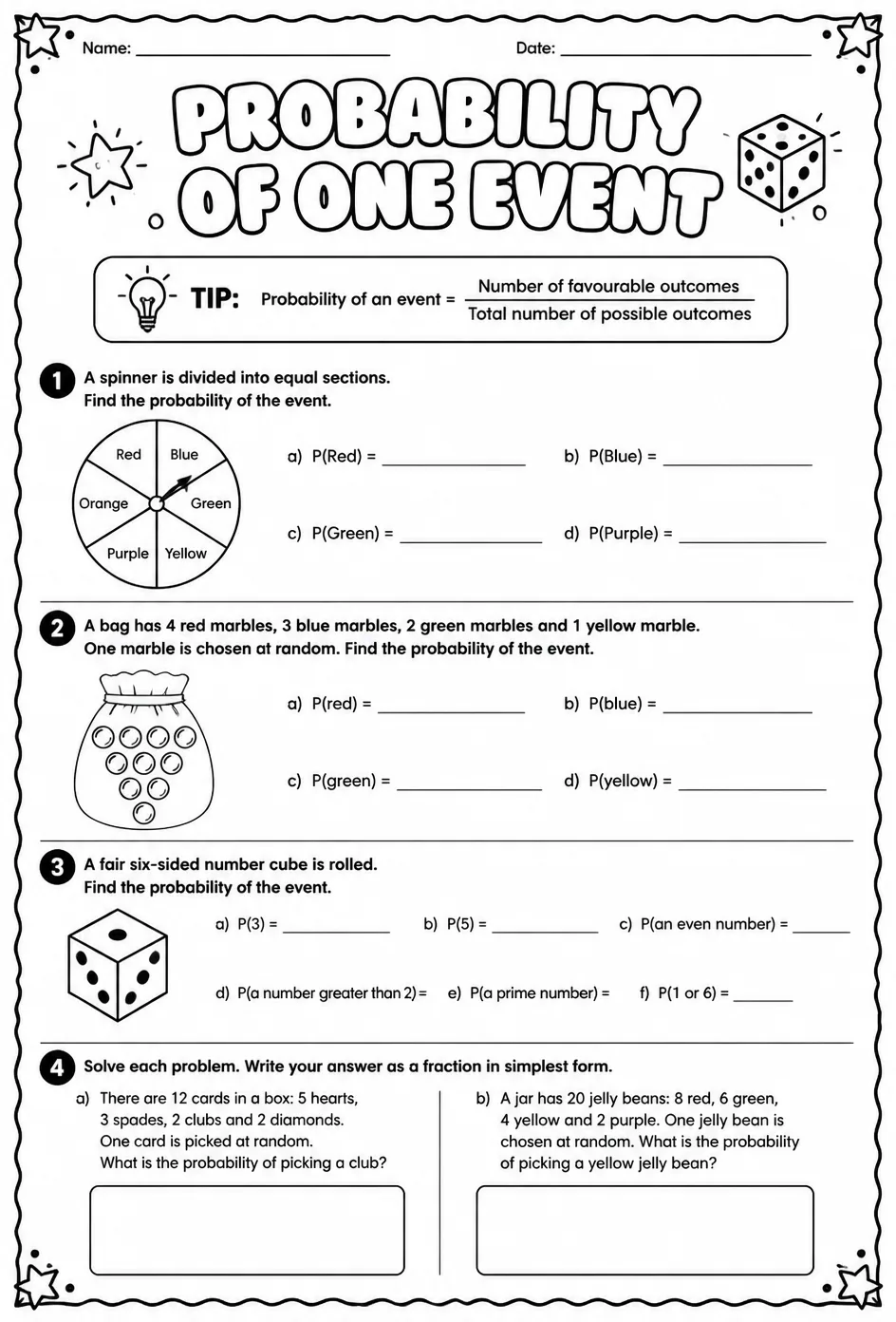 Probability of one event — free printable Grade 6 math worksheet