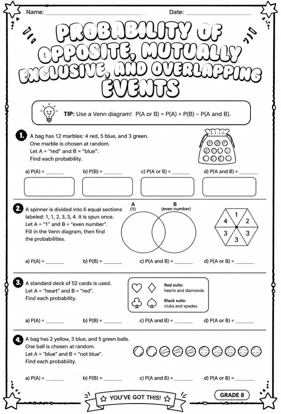 Probability of opposite, mutually exclusive, and overlapping events — free printable Grade 8 math worksheet