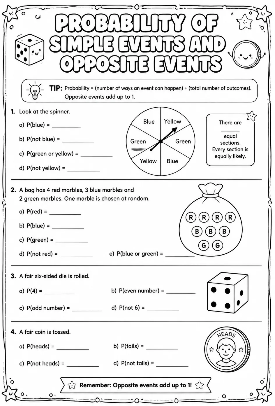 Probability of simple events and opposite events — free printable Grade 6 math worksheet