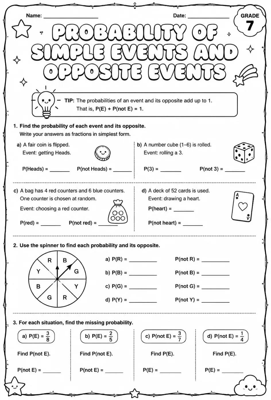 Probability of simple events and opposite events — free printable Grade 7 math worksheet