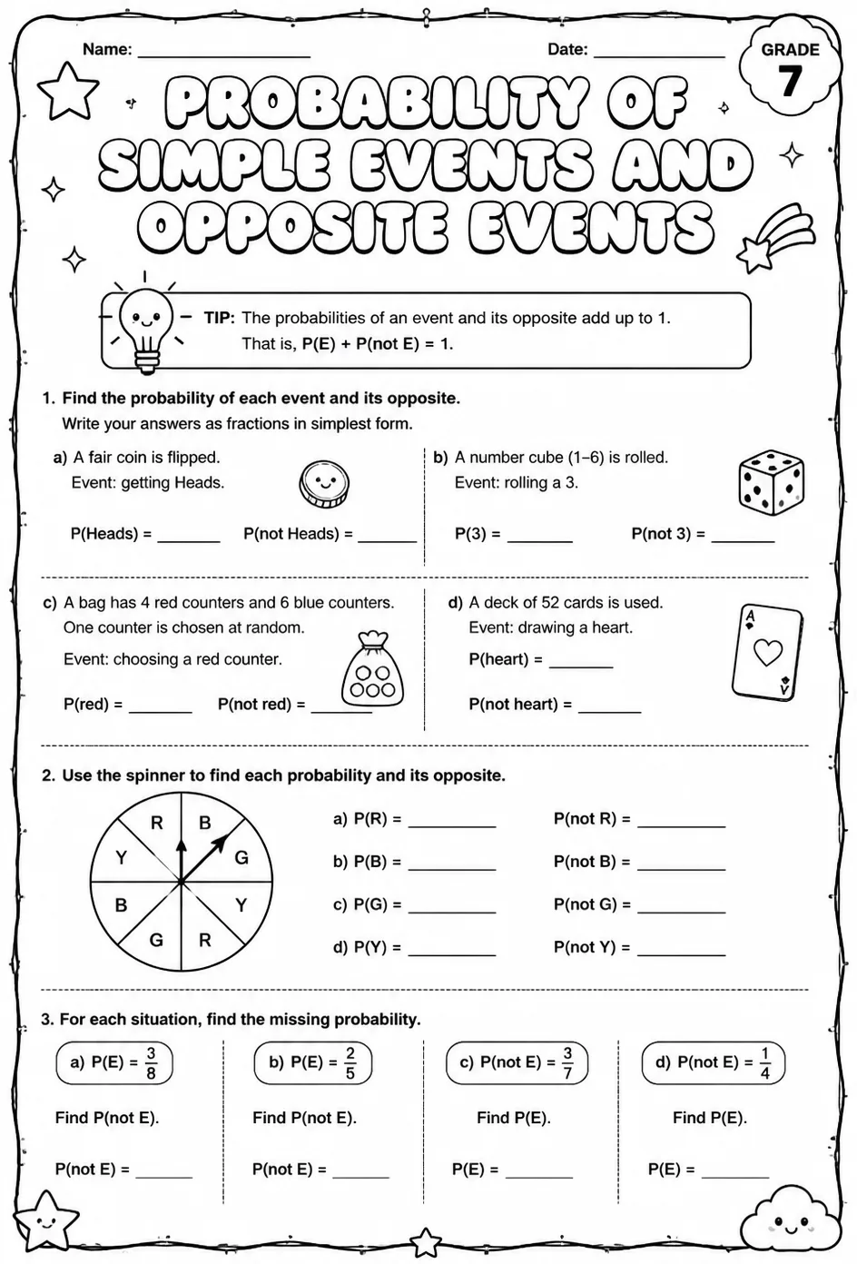 Probability of simple events and opposite events