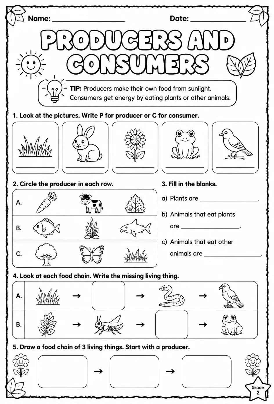 Producers and consumers — free printable Grade 2 math worksheet