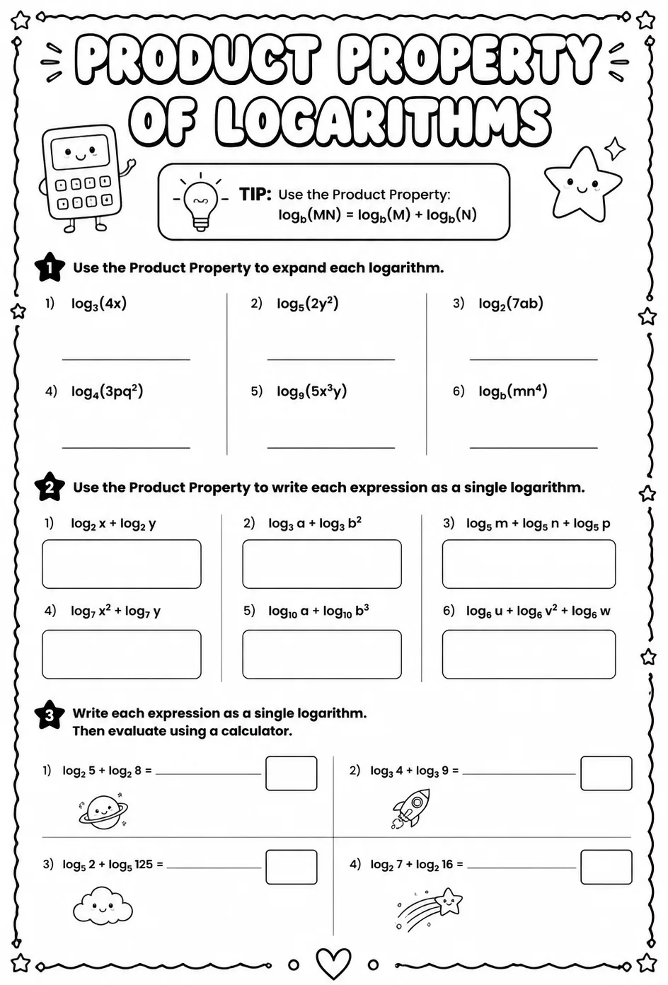 Product property of logarithms — free printable Algebra 2 math worksheet