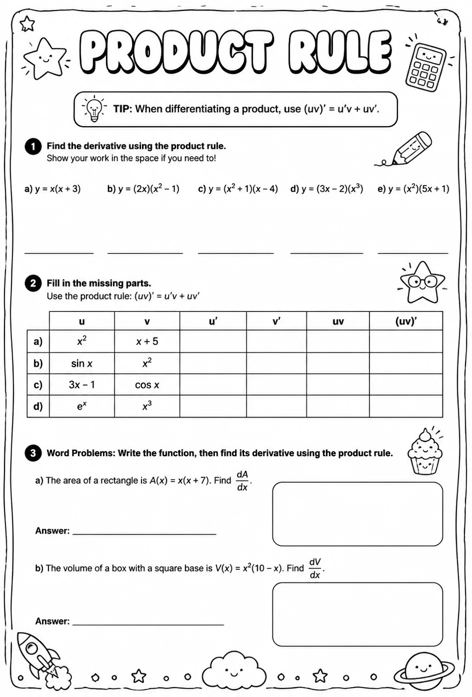 Product rule — free printable Calculus math worksheet